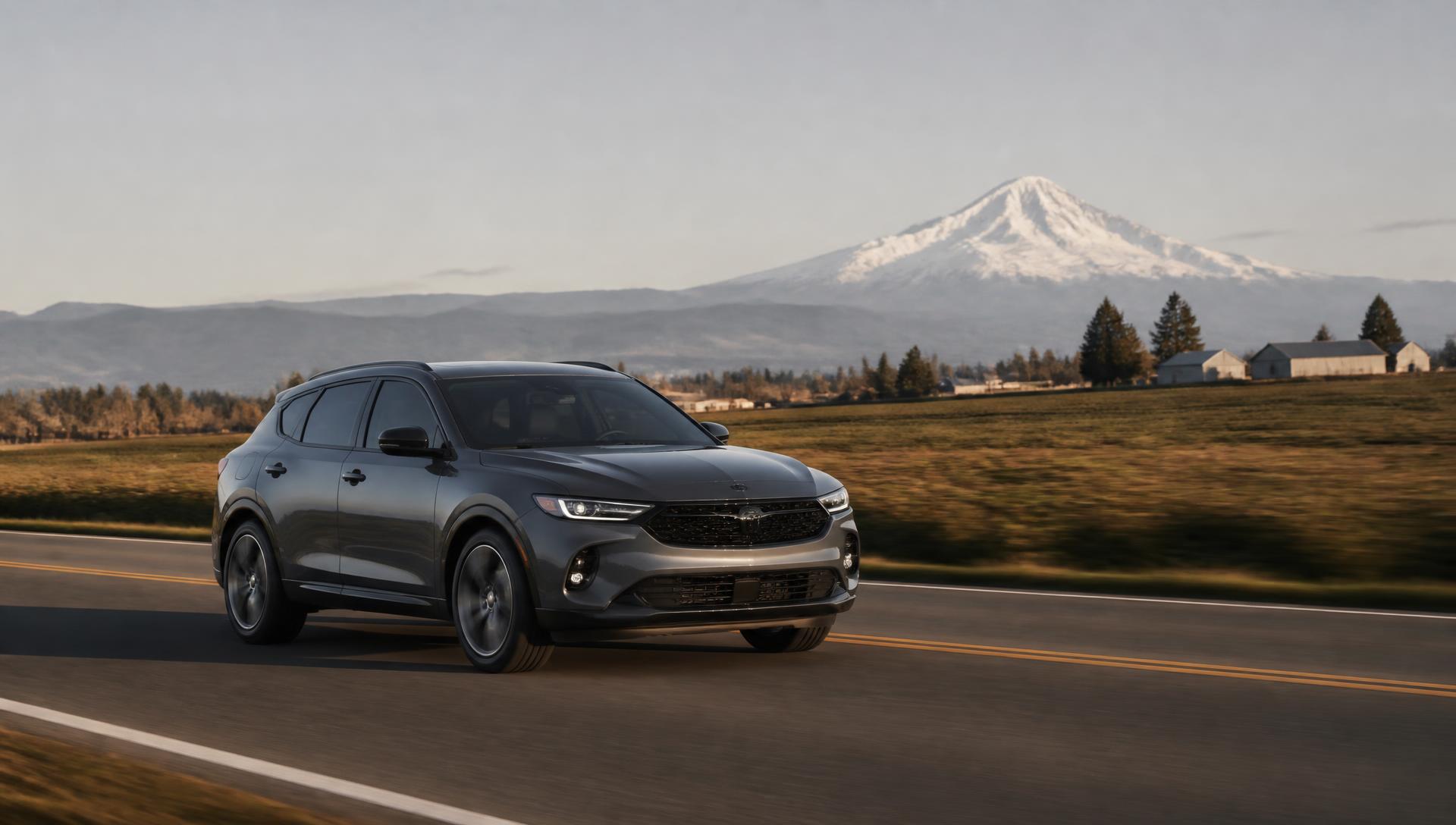 Rental crossover on a rural Abbotsford highway with Mount Baker in the distance