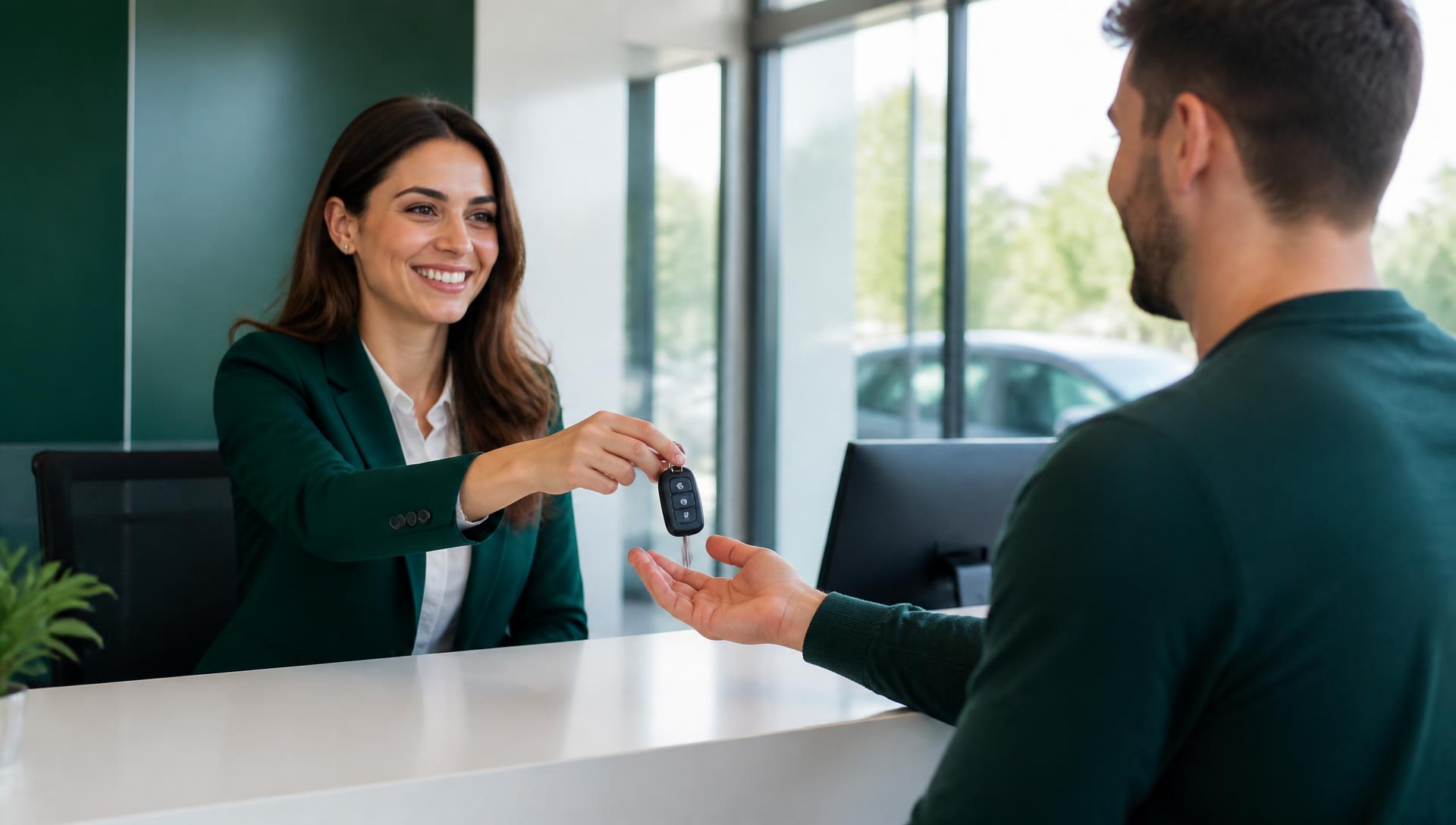 C2C Rental team member handing car keys to a customer at the counter