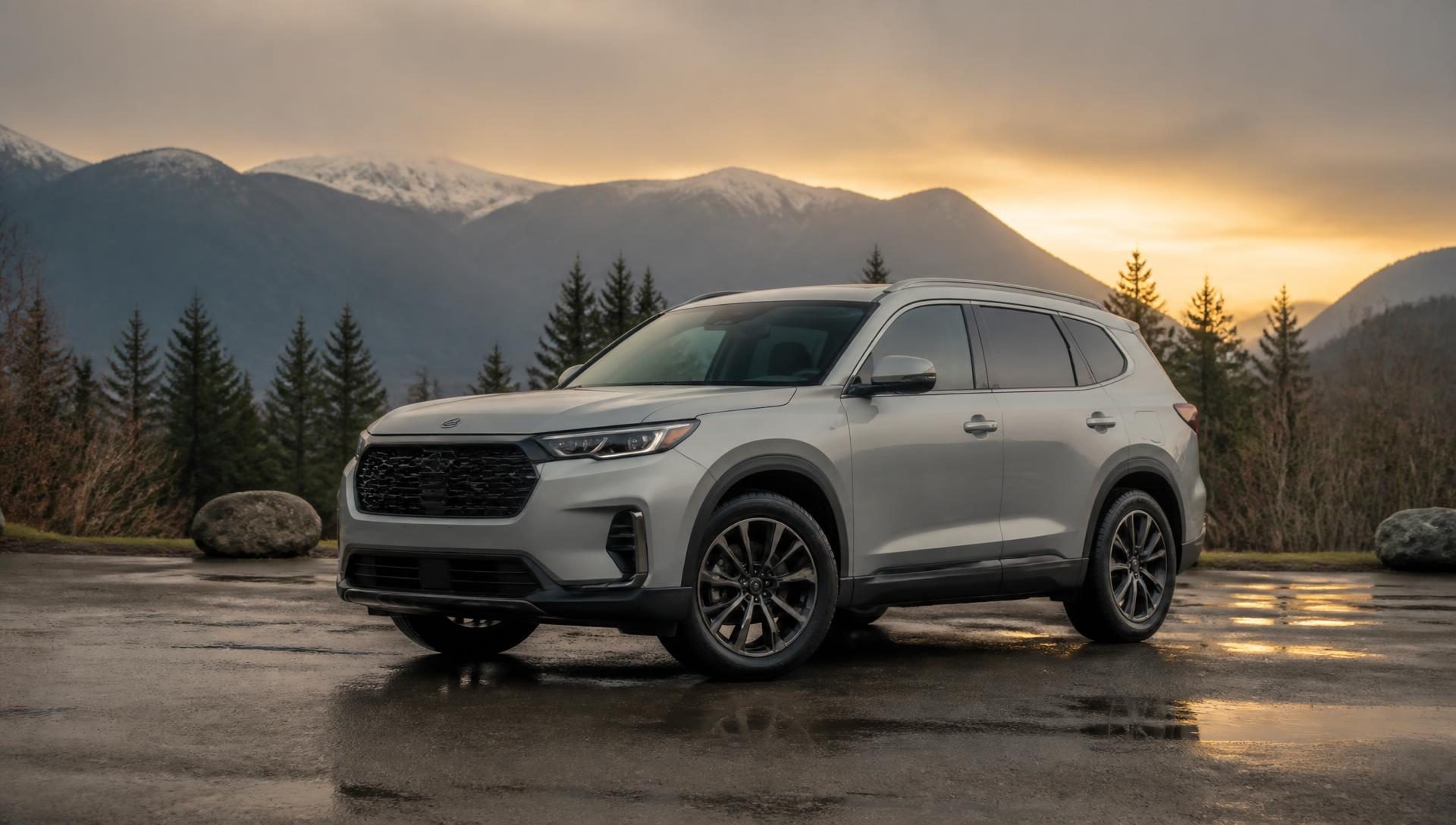 C2C Rental SUV parked with Fraser Valley mountains at sunset